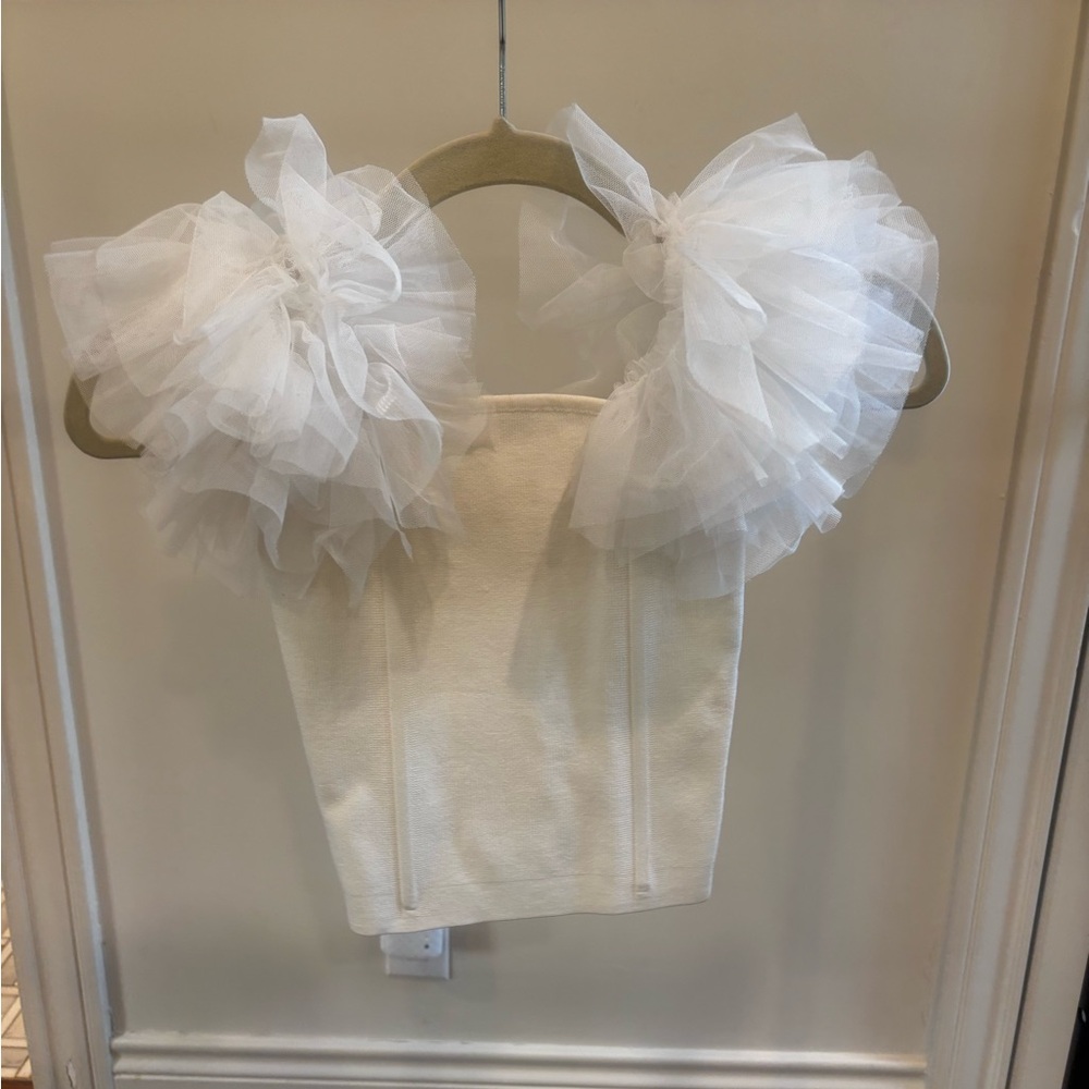 White Tulle Puff Sleeve Bustier Top